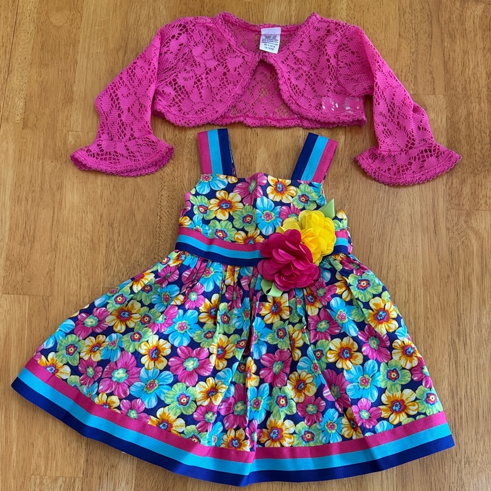 Vintage Adorable Baby Girl Floral Dress with Pink Cardigan Youngland Baby 18 Mo